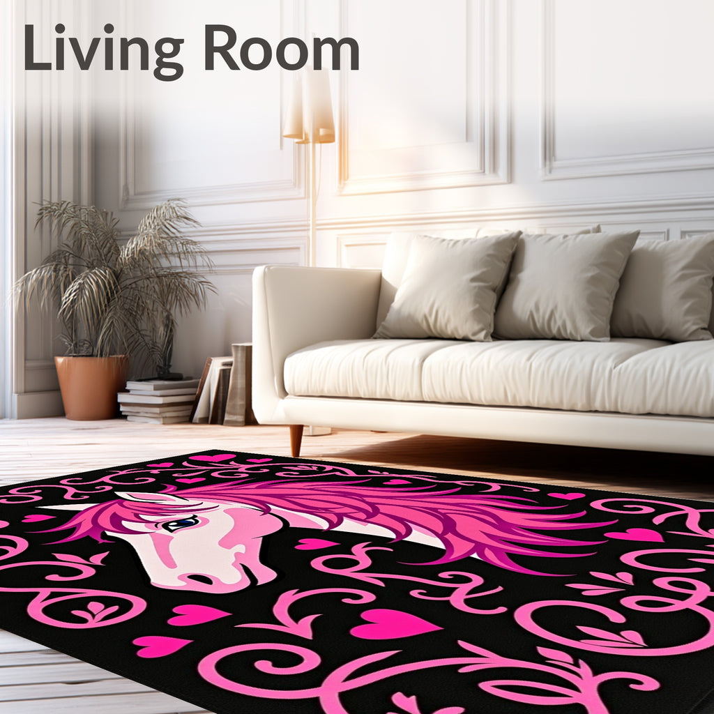 Pink Unicorn Black Background Hearts Floral Rug