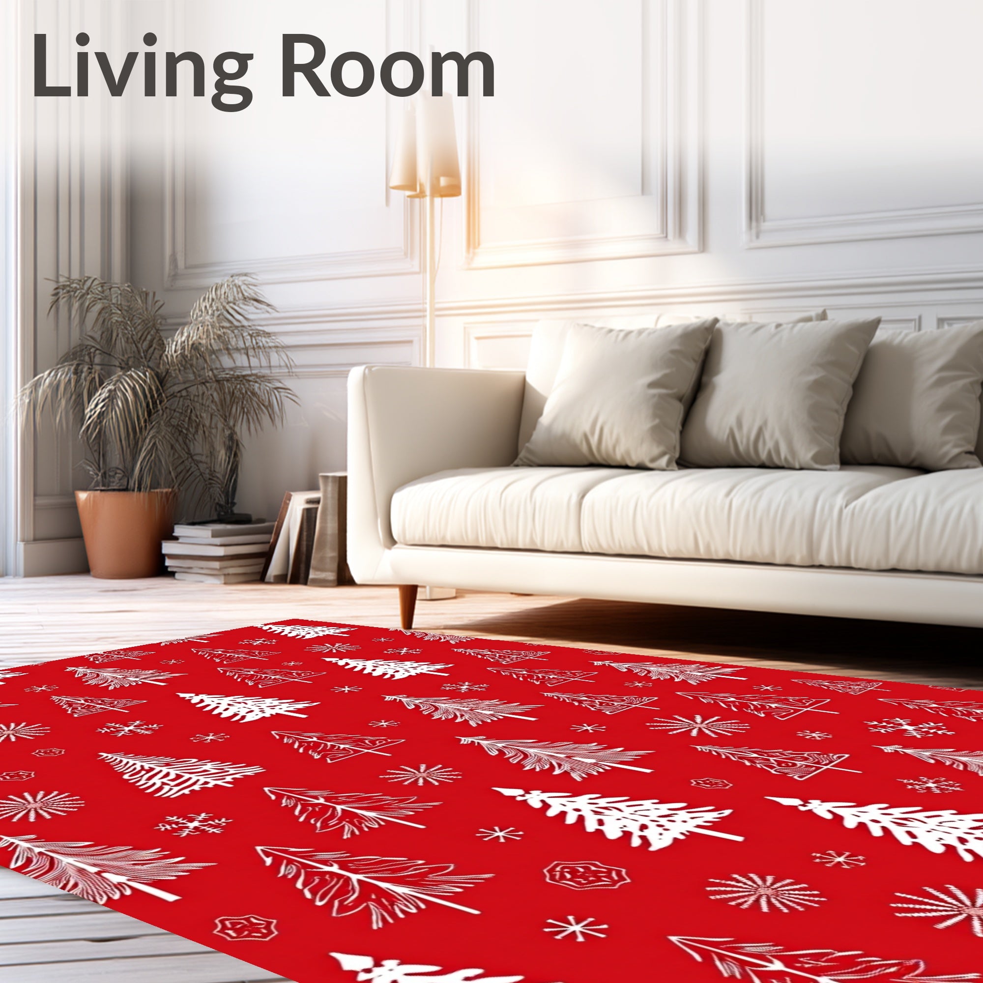 Red White Festive Tree Snowflakes Rug