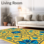Vibrant Yellow Blue Floral Swirls Rug