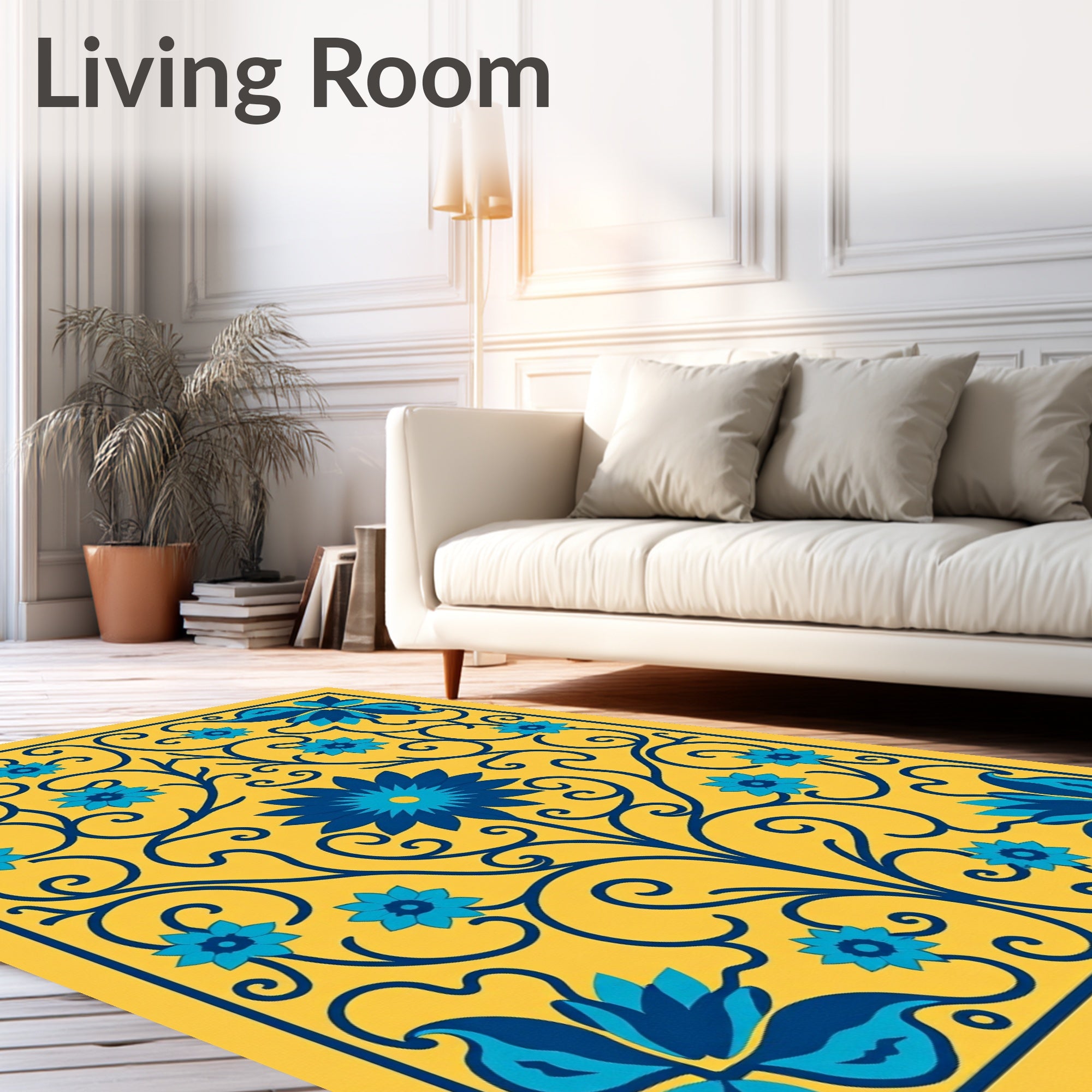 Vibrant Yellow Blue Floral Swirls Rug