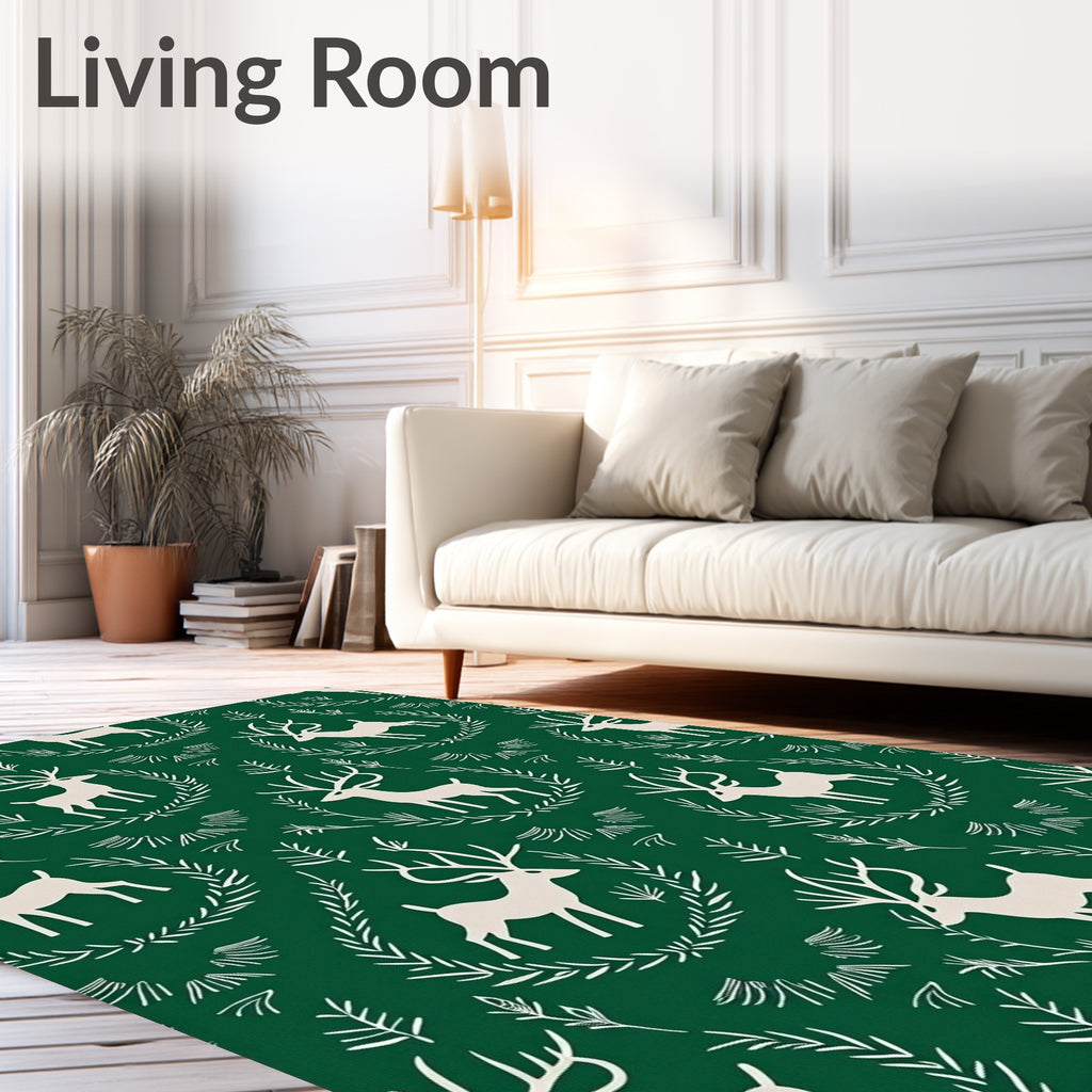 Forest Green Cream Reindeer Garland Rug