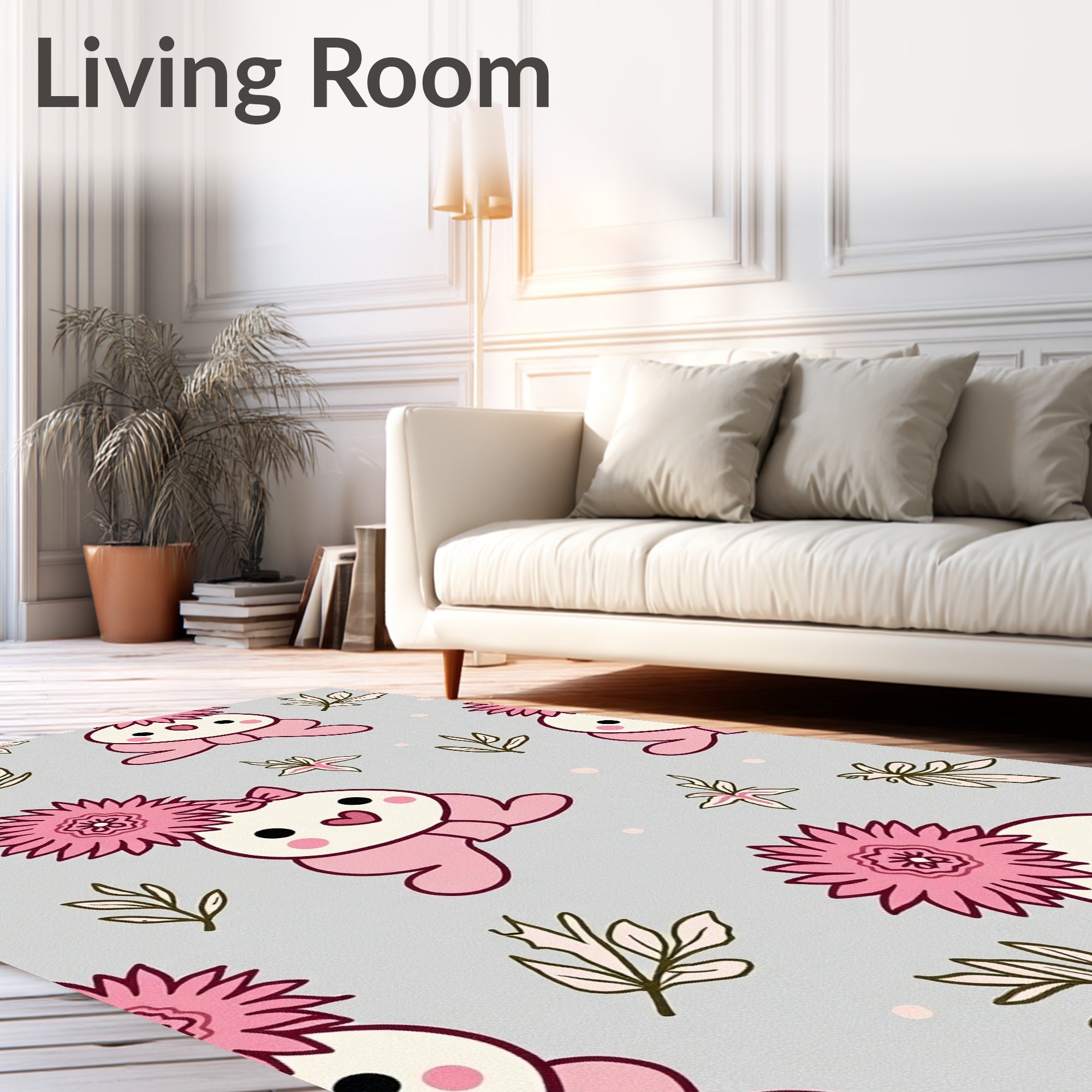 Pink Kawaii Characters Floral Scatter Rug