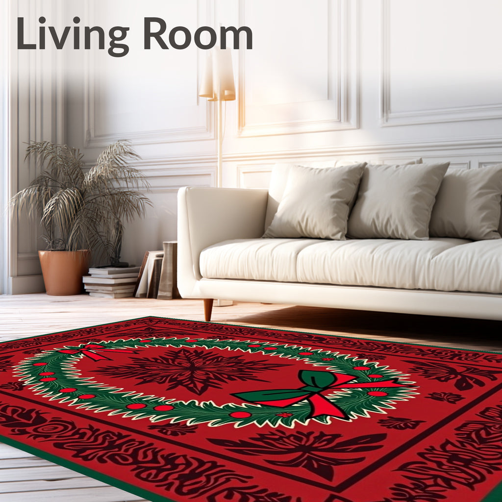 Red Wreath Festive Holiday Border Rug