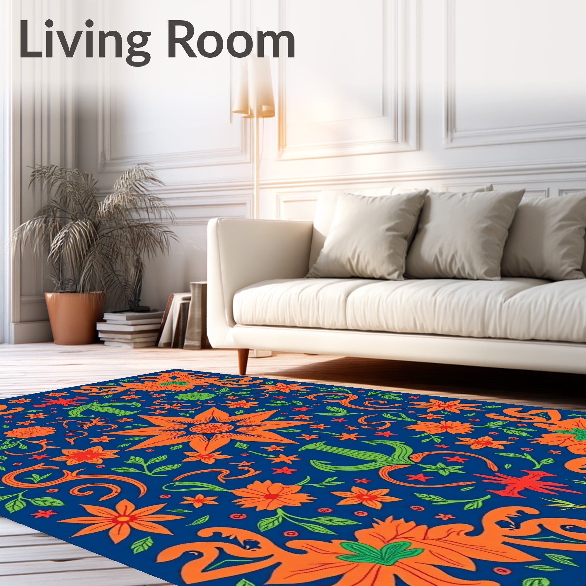 Vibrant Orange Floral Garden Navy Rug