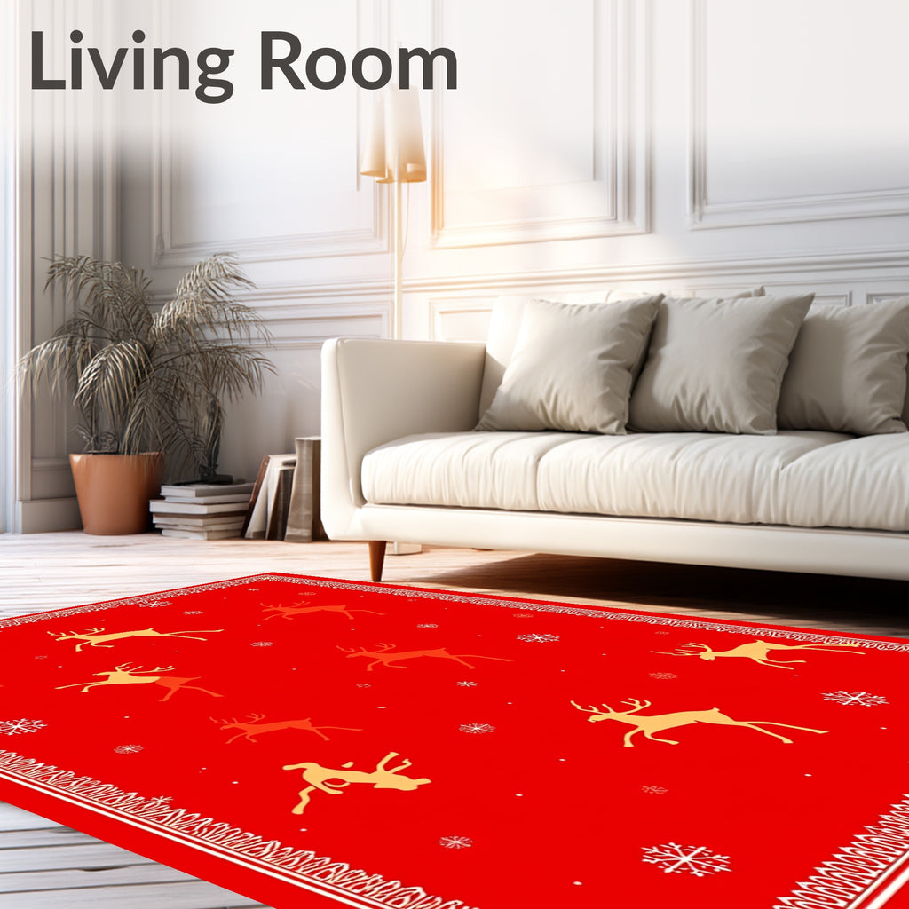 Crimson Reindeer Snowflakes Festive Border Rug