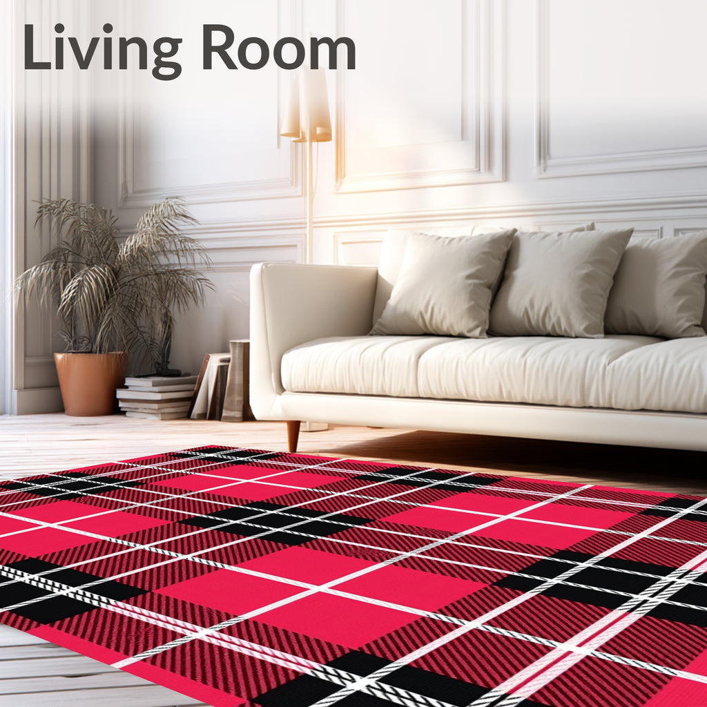 Bold Red Black White Plaid Rug