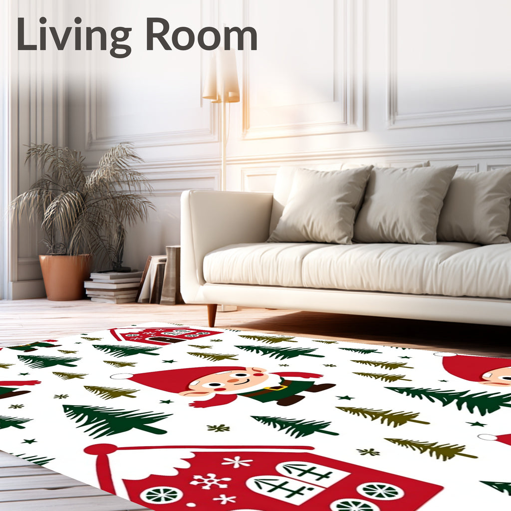Whimsical Gnomes Red Houses Evergreen Forest Rug