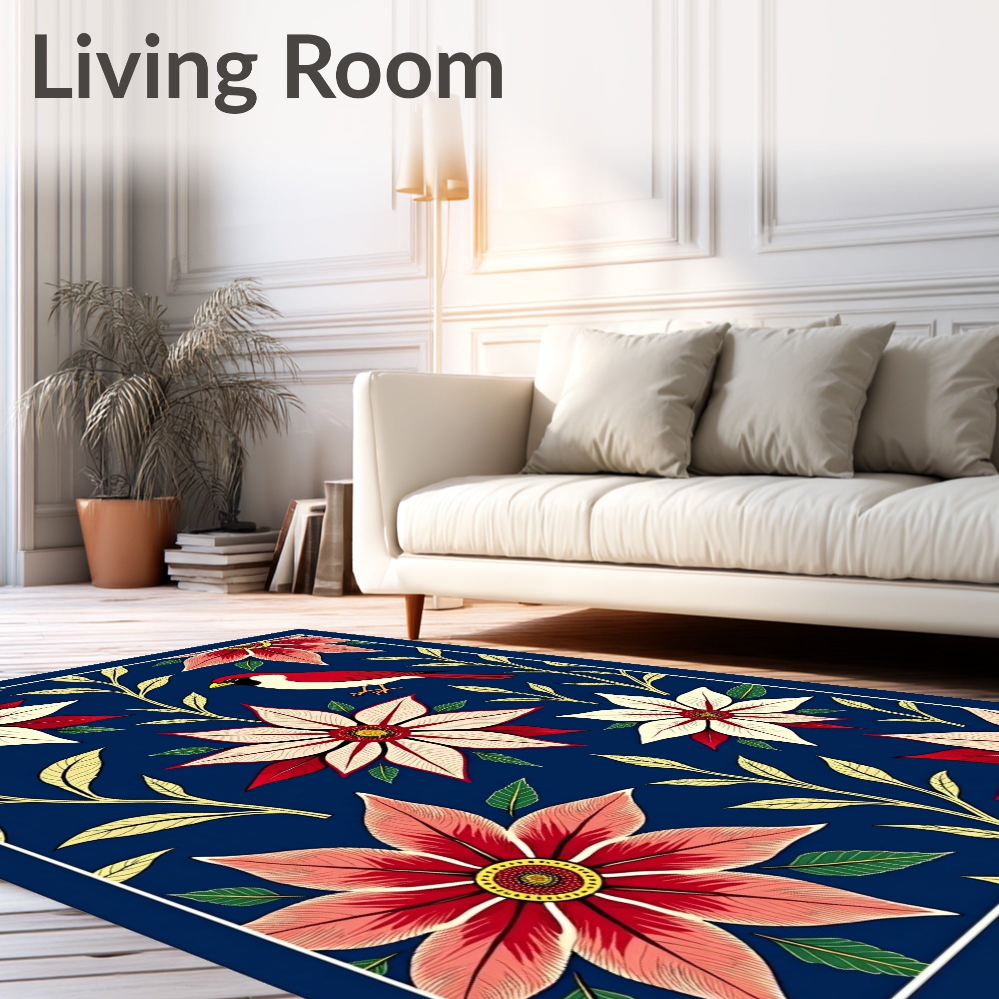 Red Bird Floral Garden Navy Rug