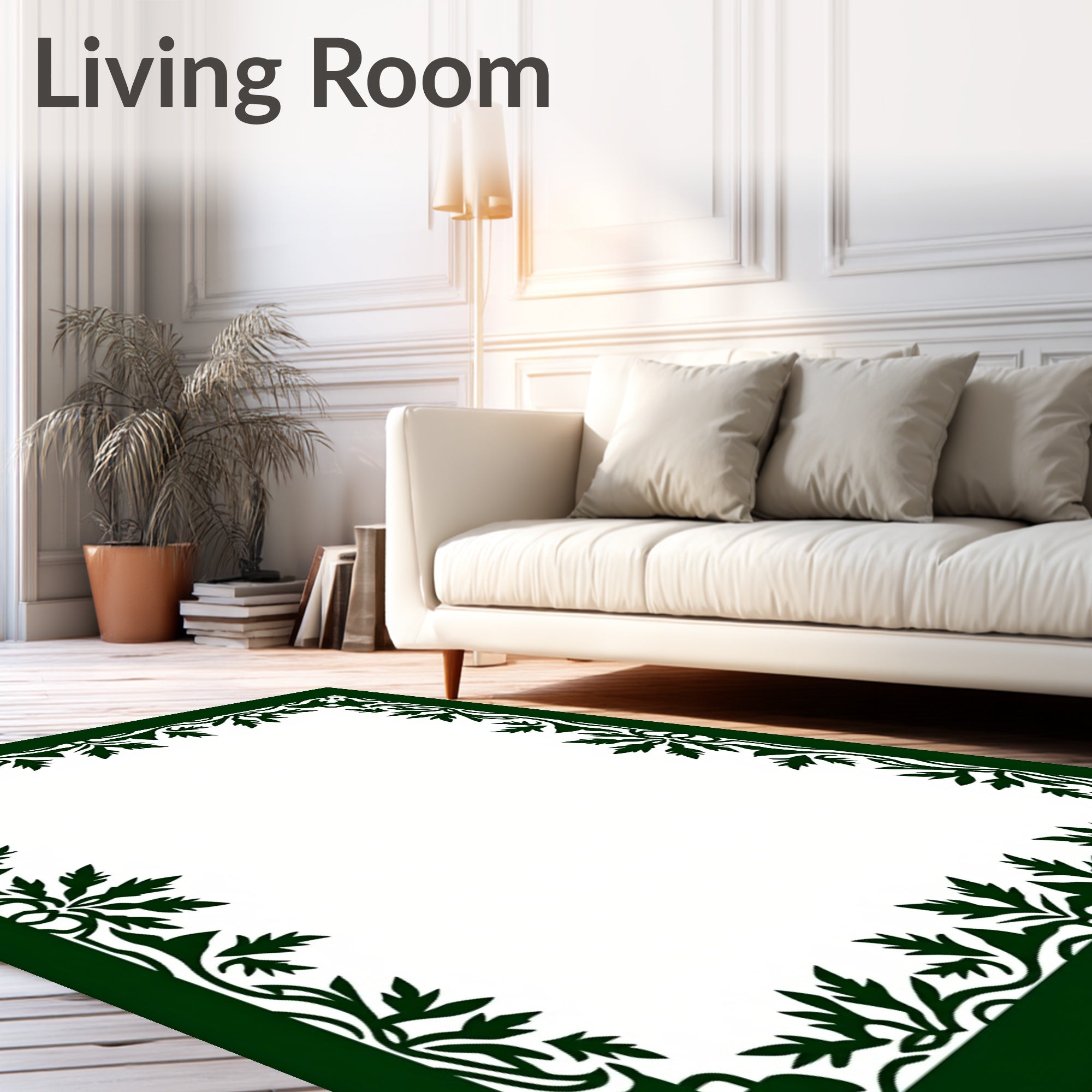 Dark Green Leafy Border Accents Rug