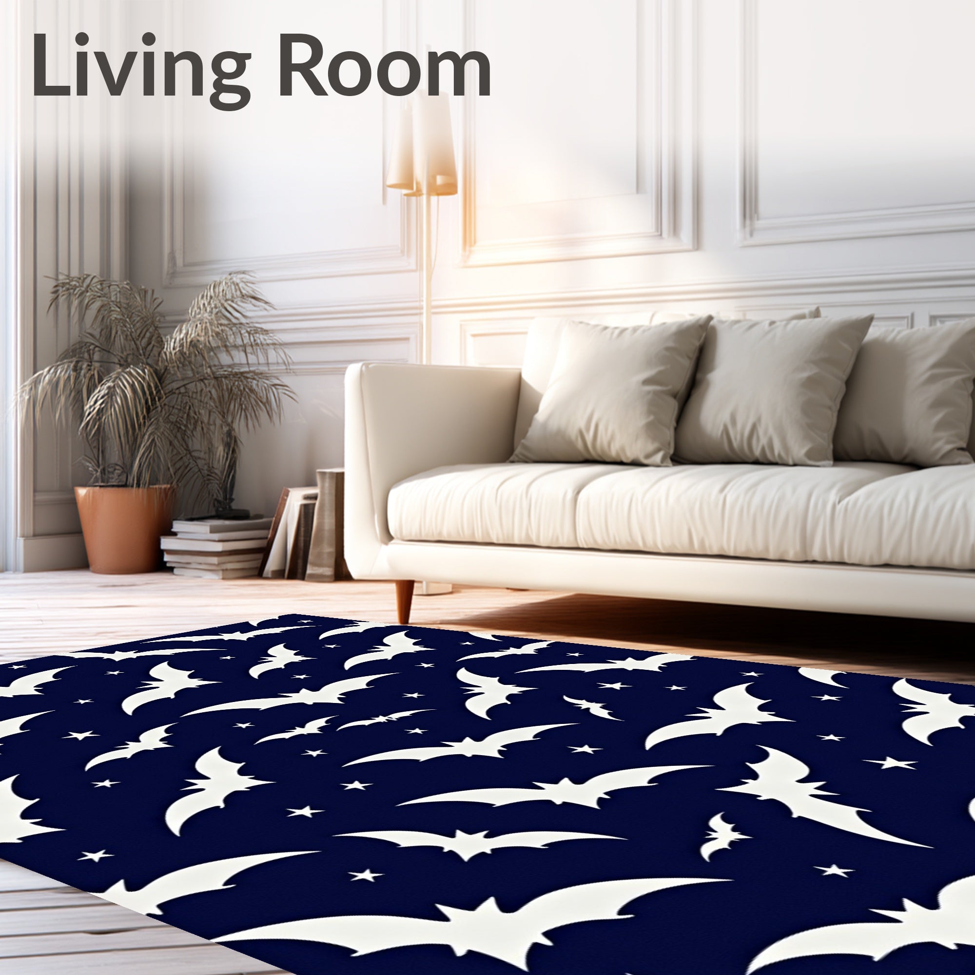 Navy Blue Flying Bats Starry Night Rug