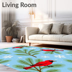 Whimsical Red Cardinal Snowflakes Winter Scene Rug