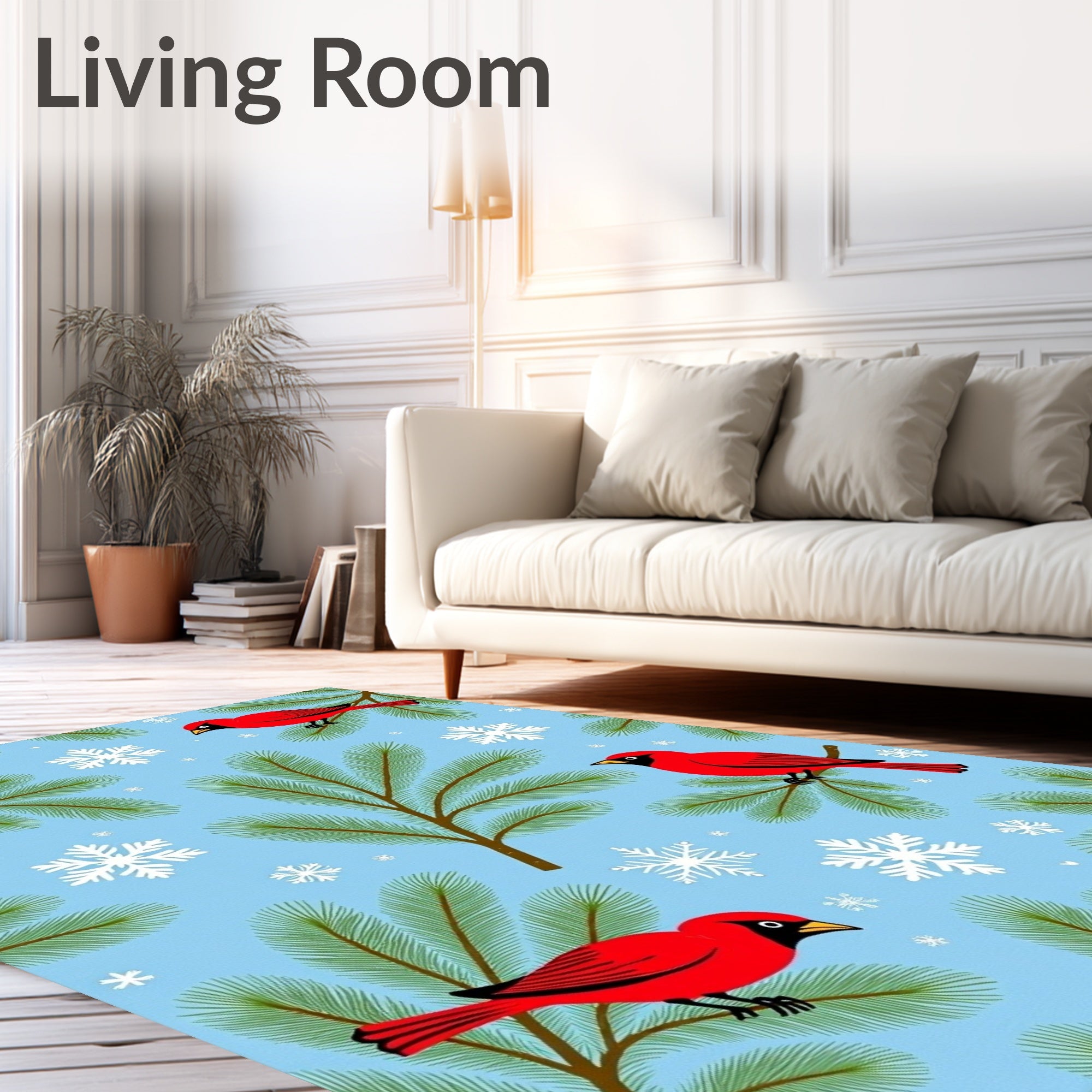Whimsical Red Cardinal Snowflakes Winter Scene Rug
