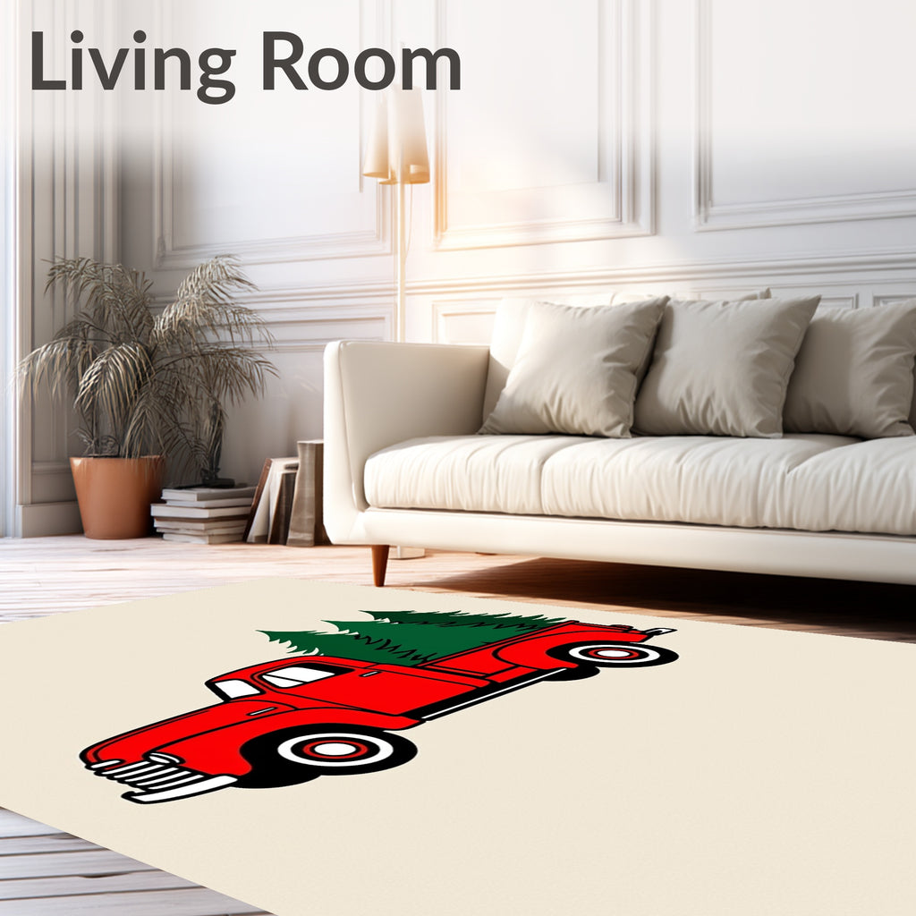 Red Vintage Pickup Christmas Tree Truck Rug
