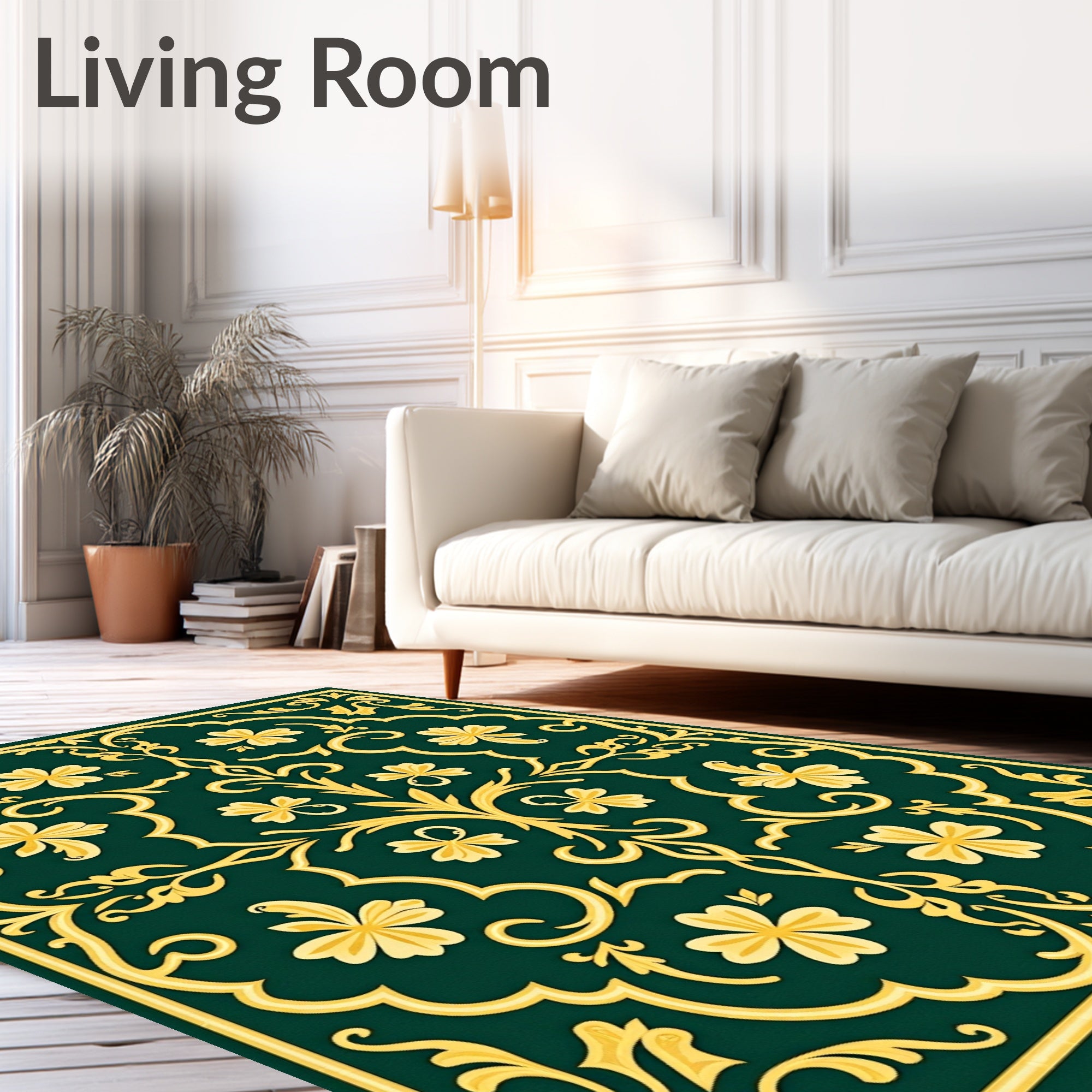 Deep Green Golden Vine Scroll Bloom Rug