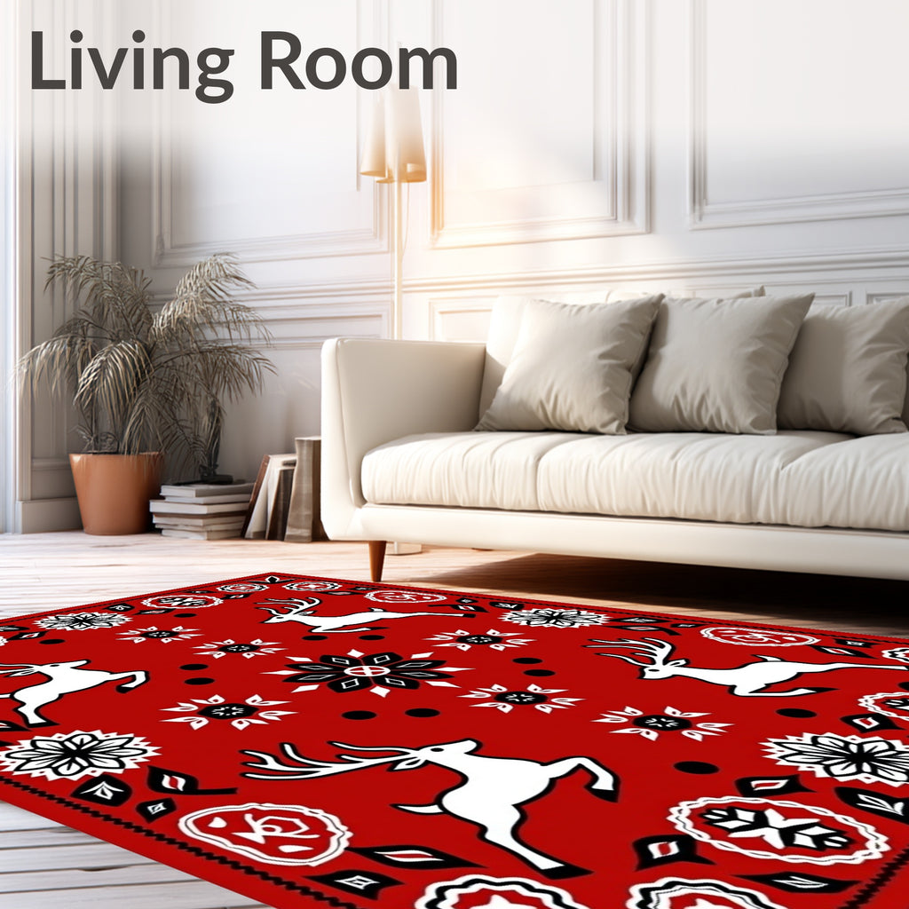 Red Jumping Deer Folk Art Rug