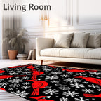 Red Cardinal Snowflakes Black Background Rug