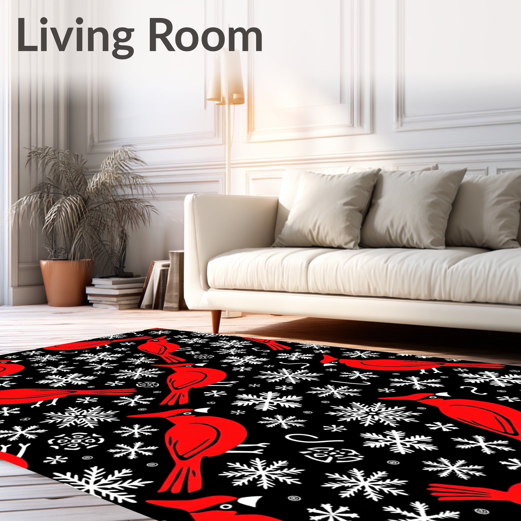 Red Cardinal Snowflakes Black Background Rug