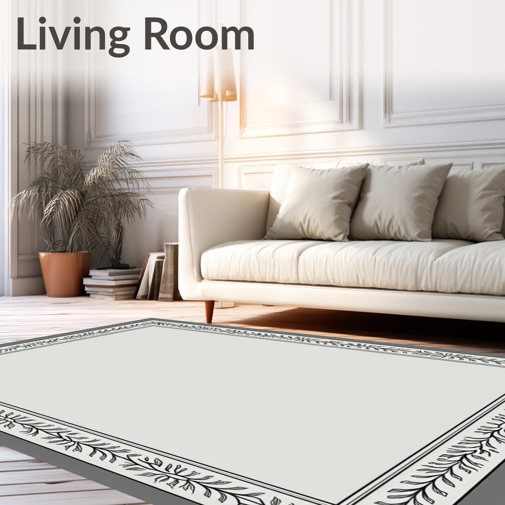Elegant Black Leaf Border Soft Gray Rug