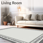 Elegant Black Leaf Border Soft Gray Rug