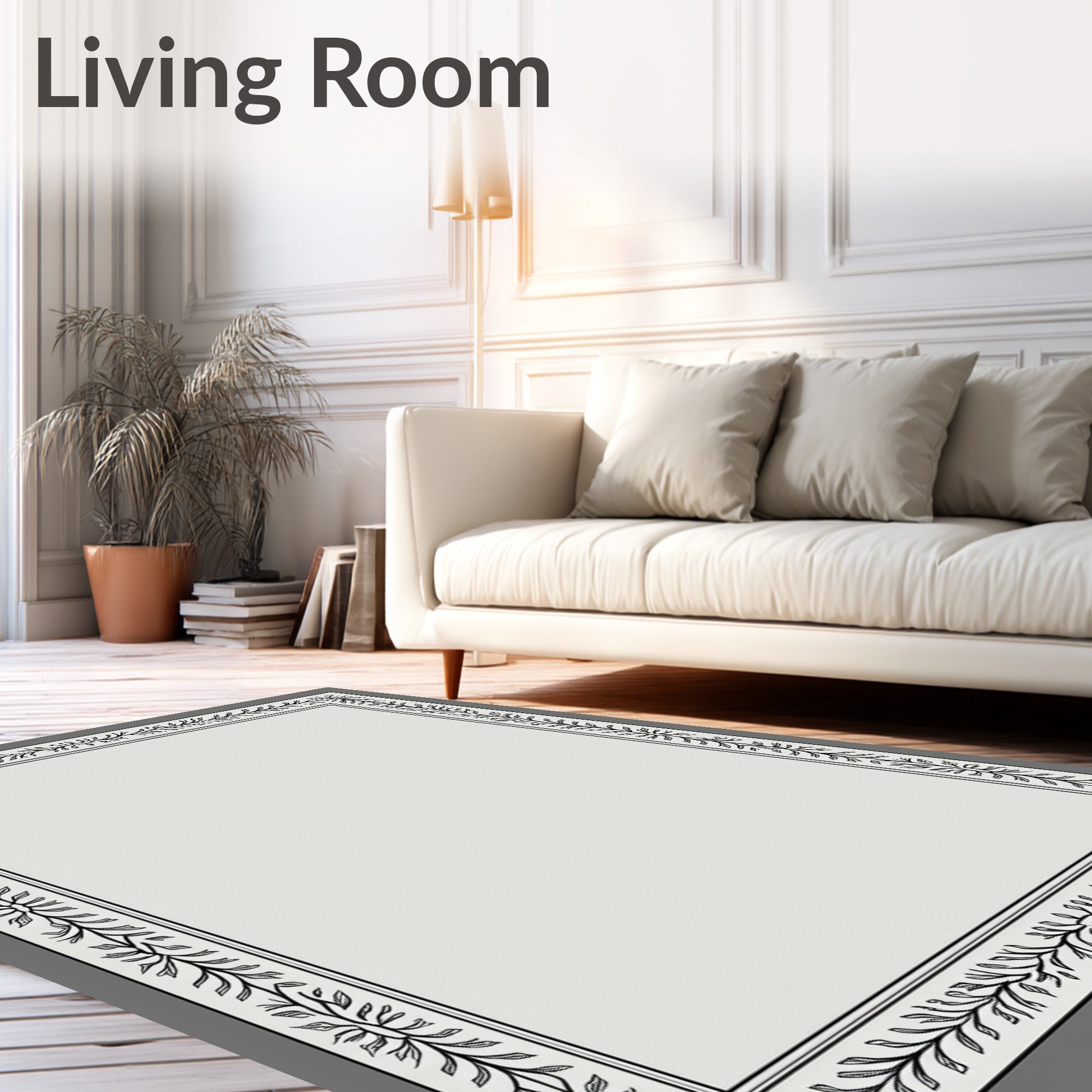 Elegant Black Leaf Border Soft Gray Rug