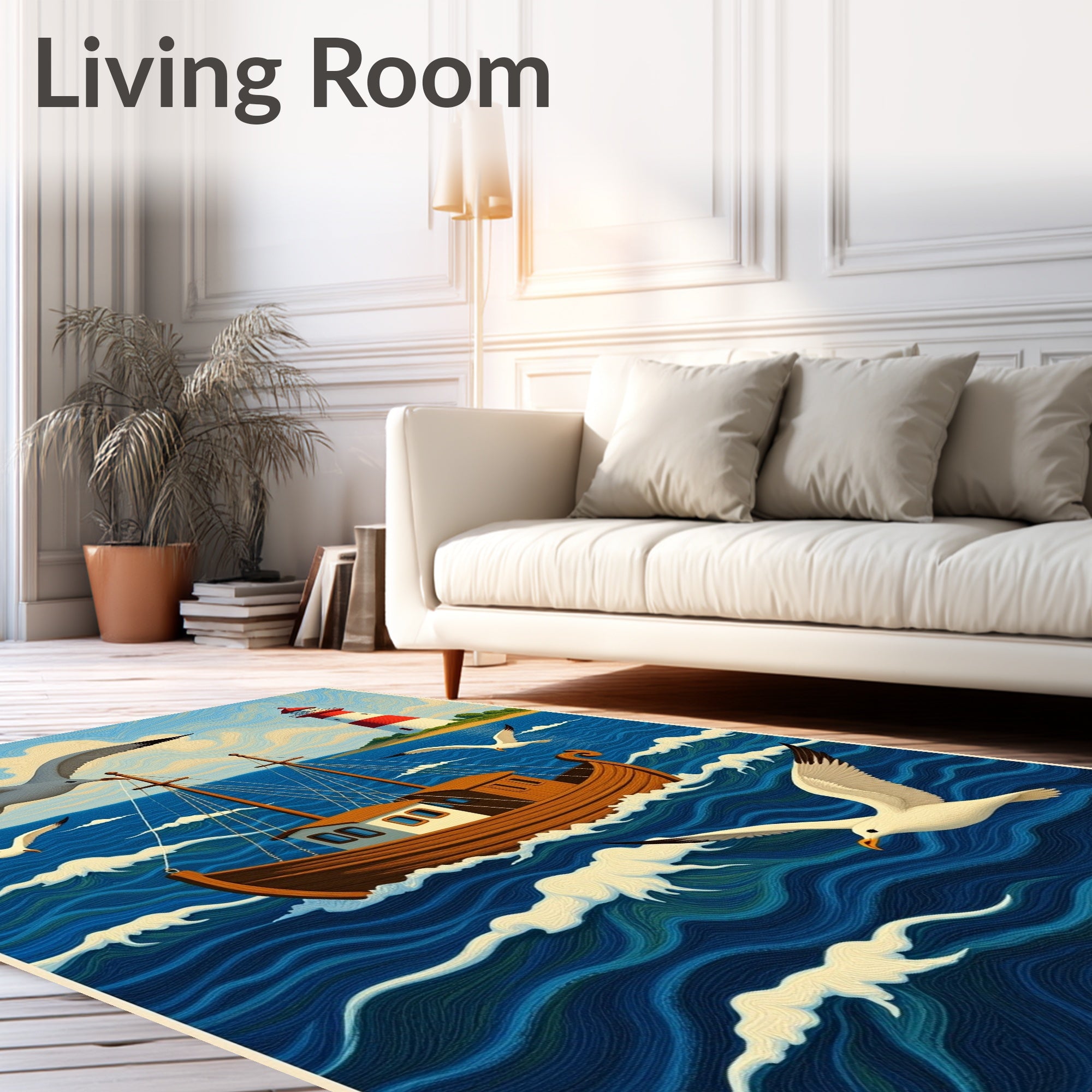 Nautical Scene With Seagulls Lighthouse Ship Rug