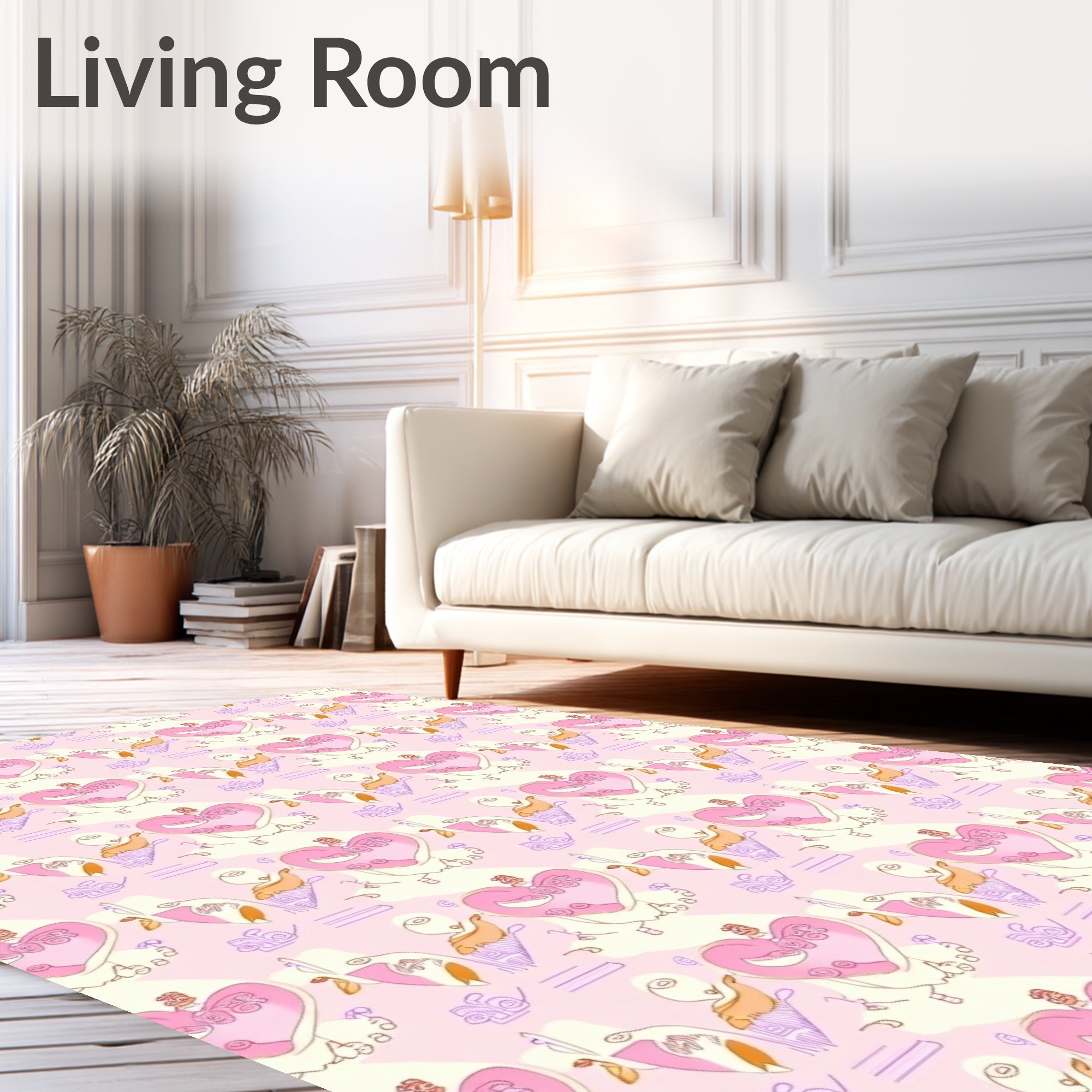 Pink Heart Bird Swirls Pastel Rug