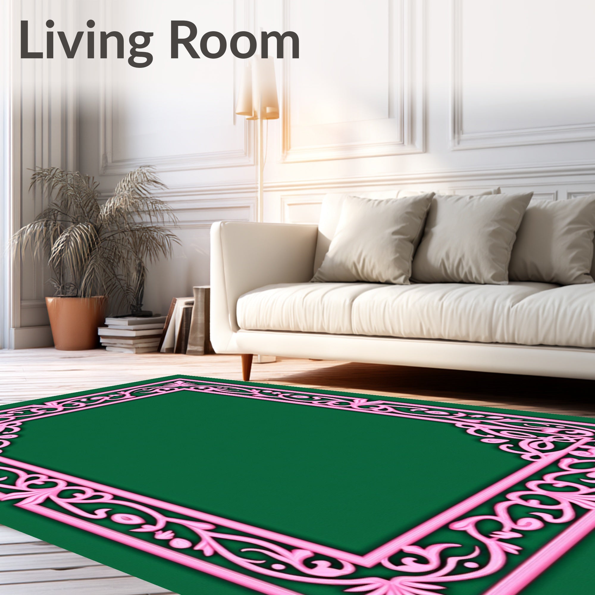 Light Pink Ornate Floral Scroll Border Rug