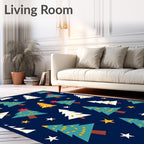 Festive Teal White Trees Scattered Stars Rug