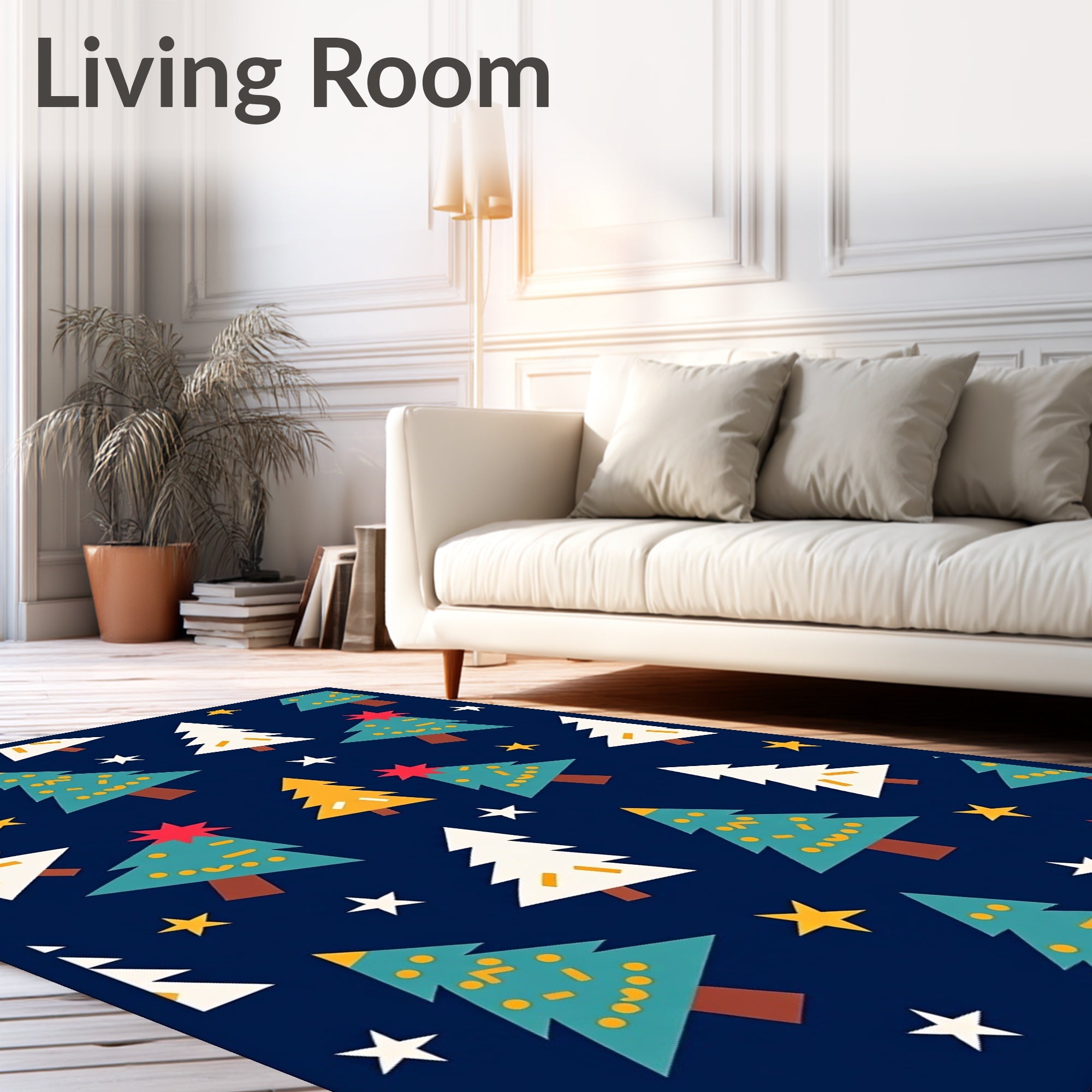 Festive Teal White Trees Scattered Stars Rug
