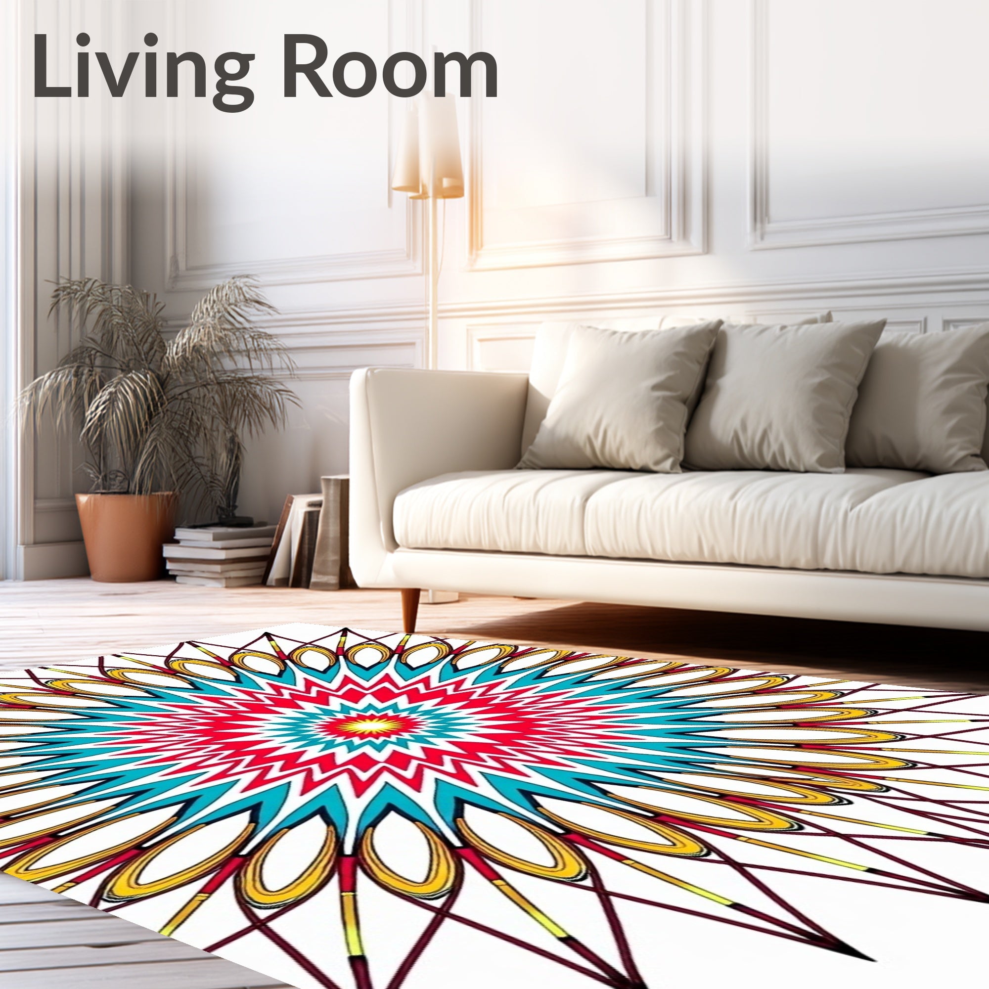 Vibrant Red Teal Sunburst Mandala Rug