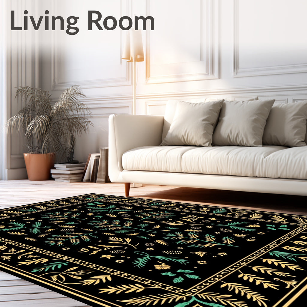 Golden Teal Branch Garden Folklore Rug