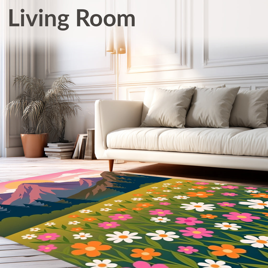 Vibrant Floral Meadow Mountain Sunset Rug