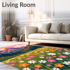 Vibrant Floral Meadow Mountain Sunset Rug
