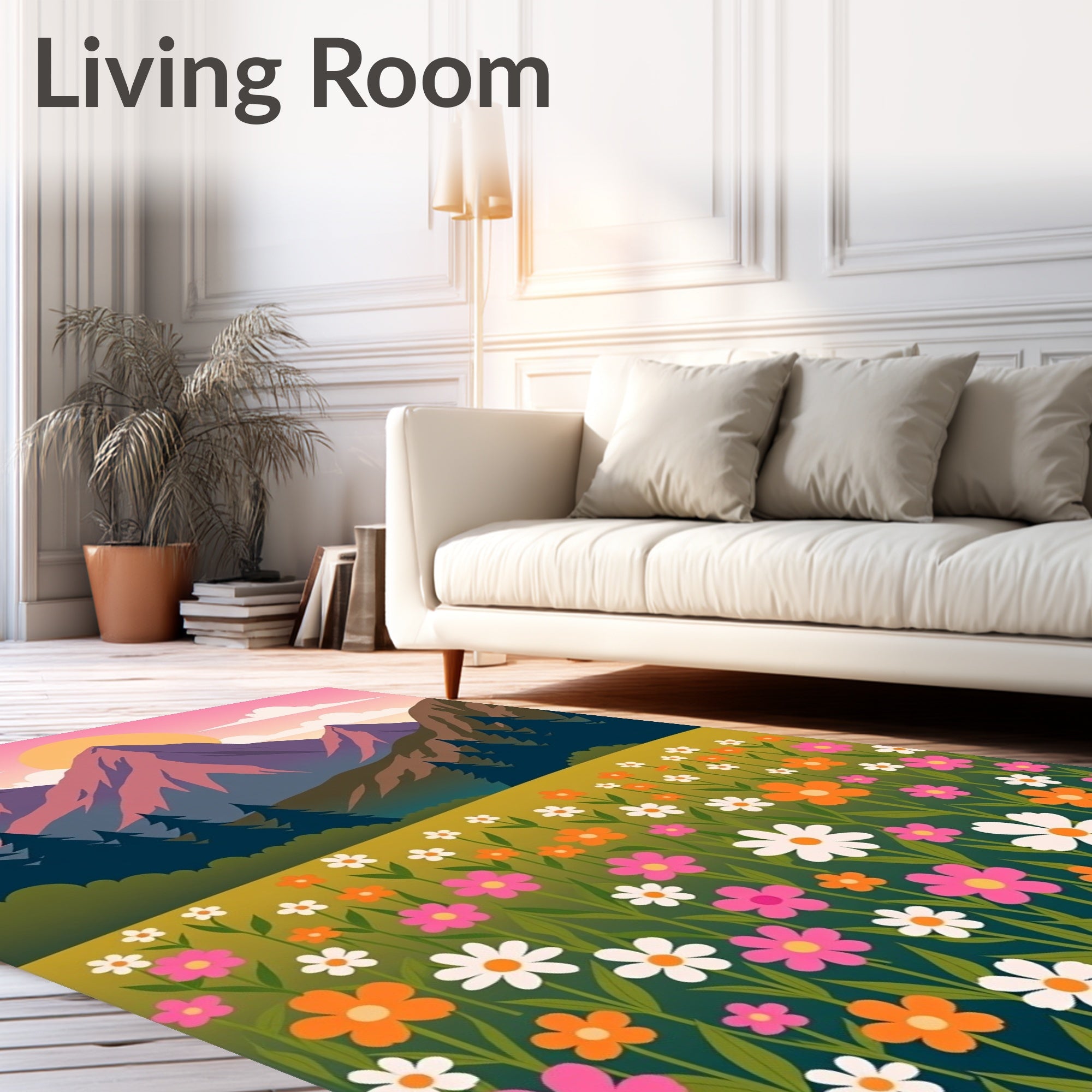 Vibrant Floral Meadow Mountain Sunset Rug