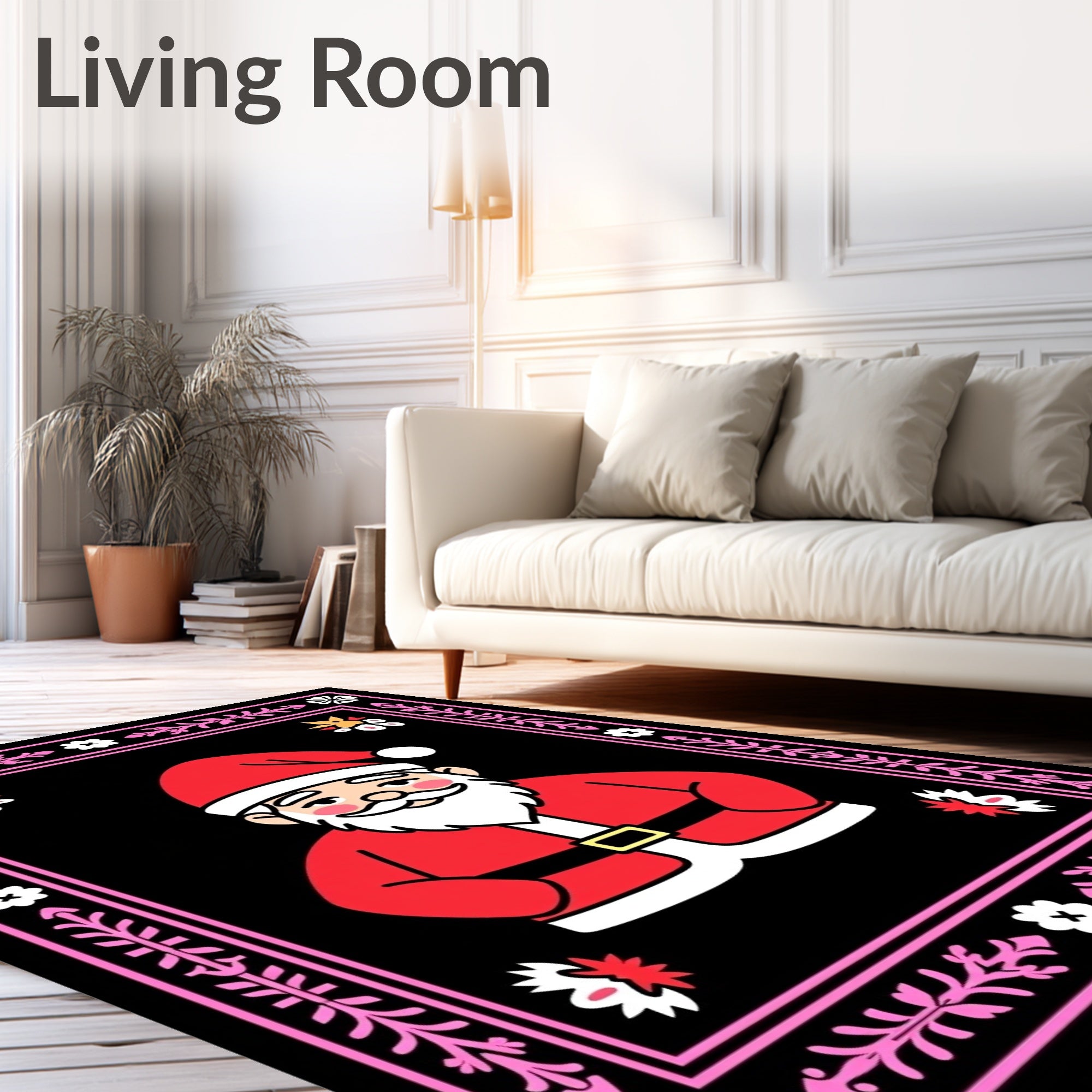 Festive Santa Claus Pink Floral Border Rug