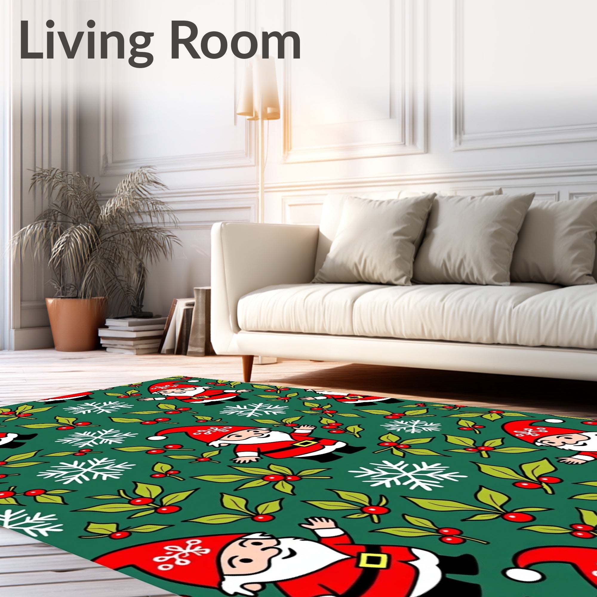 Whimsical Christmas Gnomes Holly Snowflakes Rug