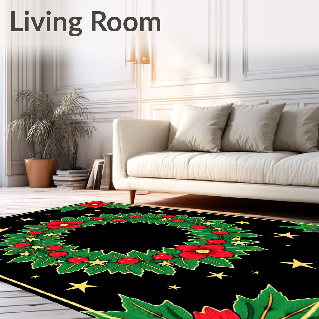 Festive Red Floral Green Holly Stars Rug