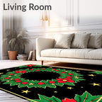 Festive Red Floral Green Holly Stars Rug