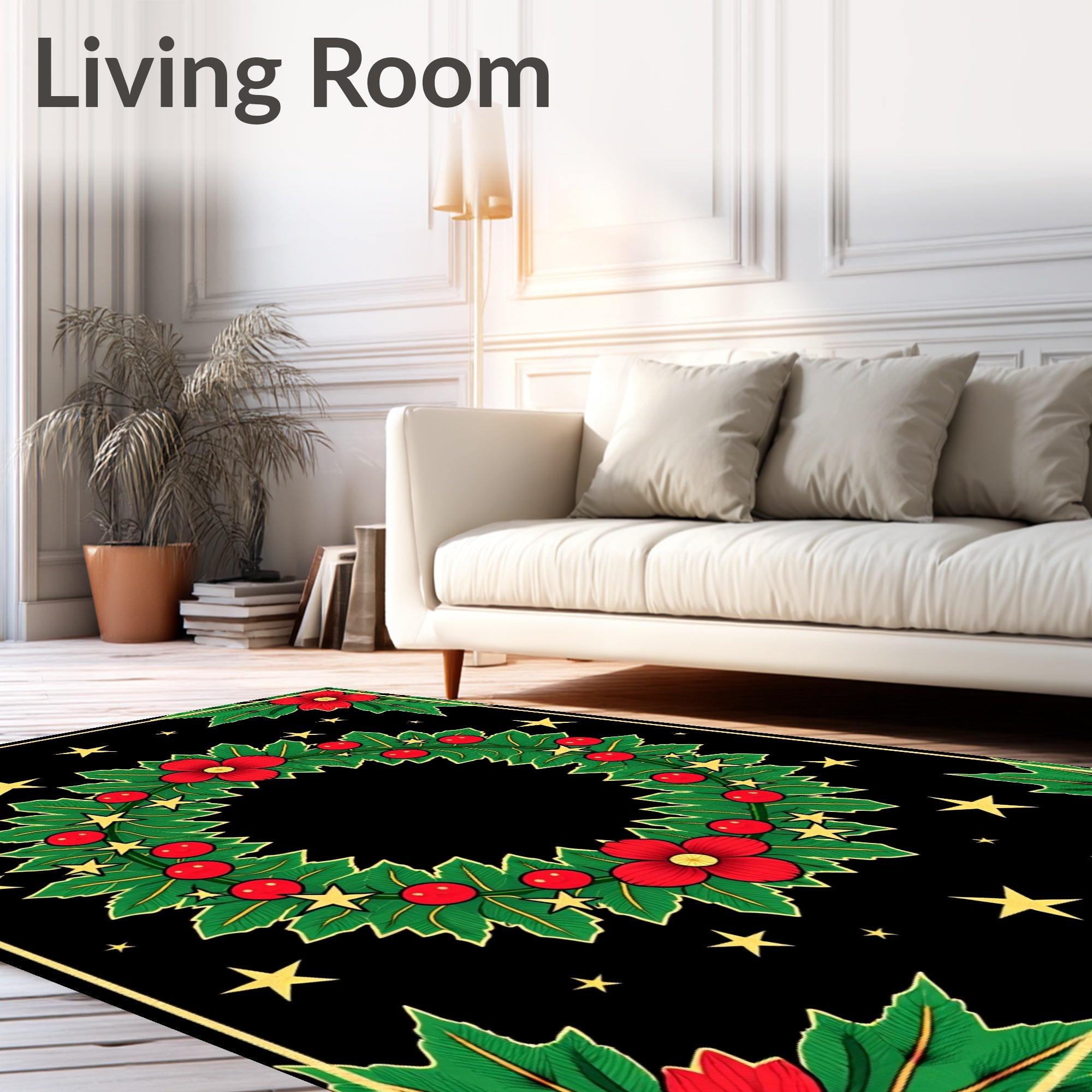 Festive Red Floral Green Holly Stars Rug