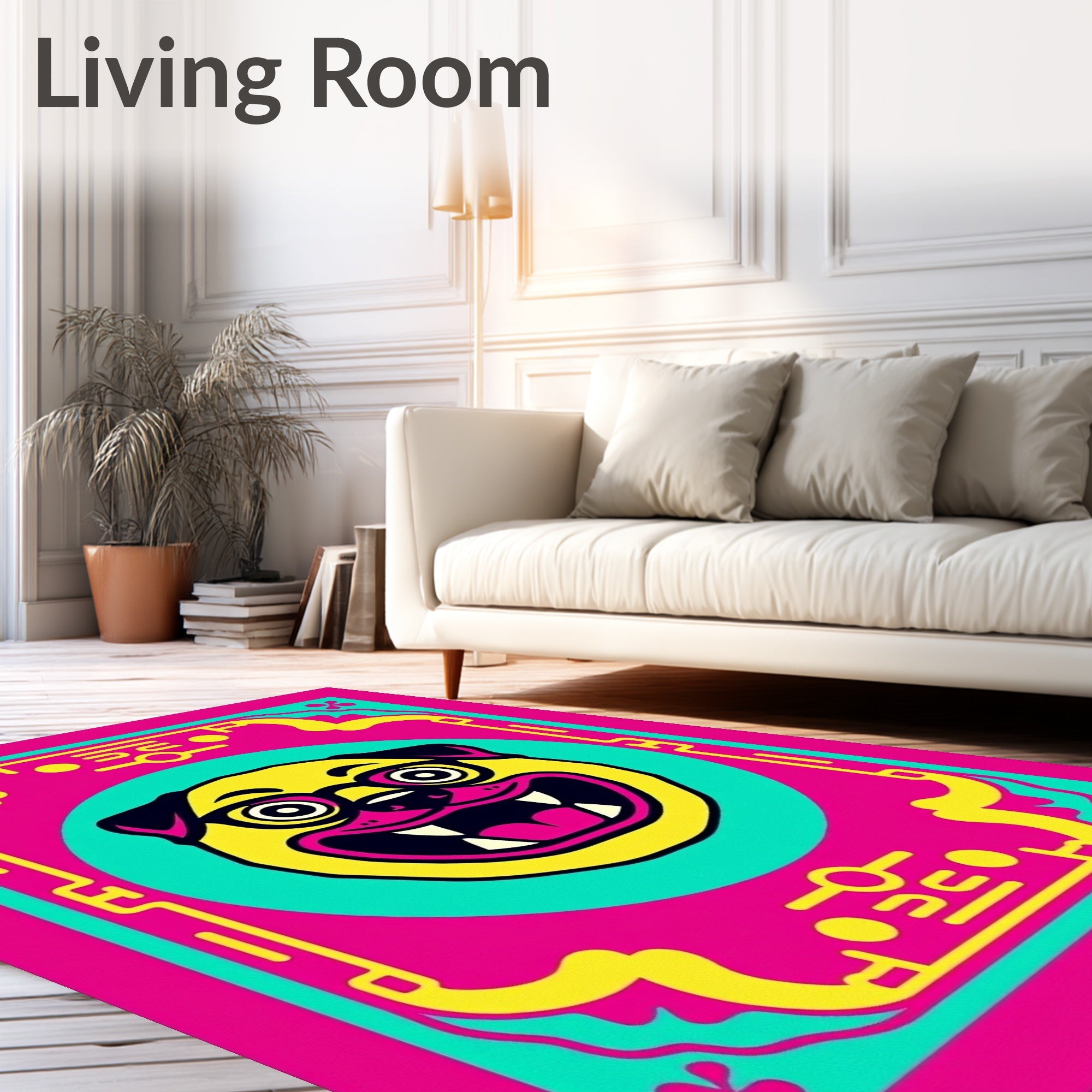 Vibrant Yellow Pug Portrait Frame Rug