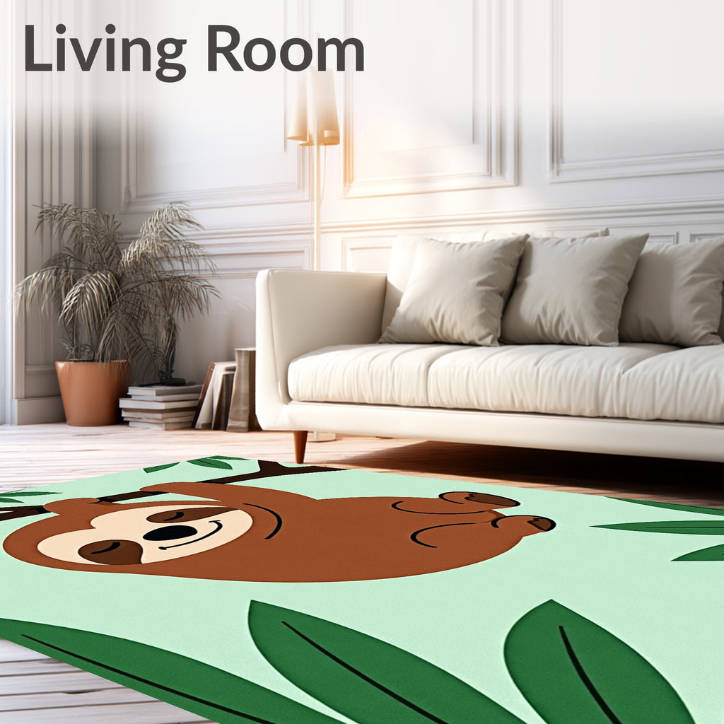 Playful Brown Sloth Hanging Tropical Leaves Rug