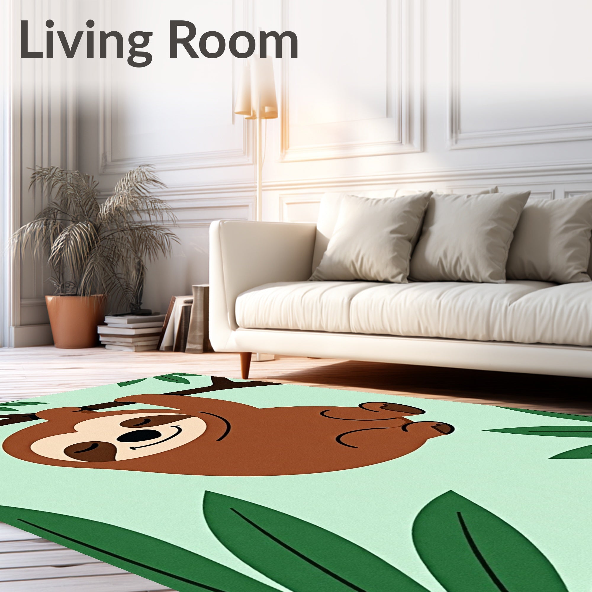 Playful Brown Sloth Hanging Tropical Leaves Rug