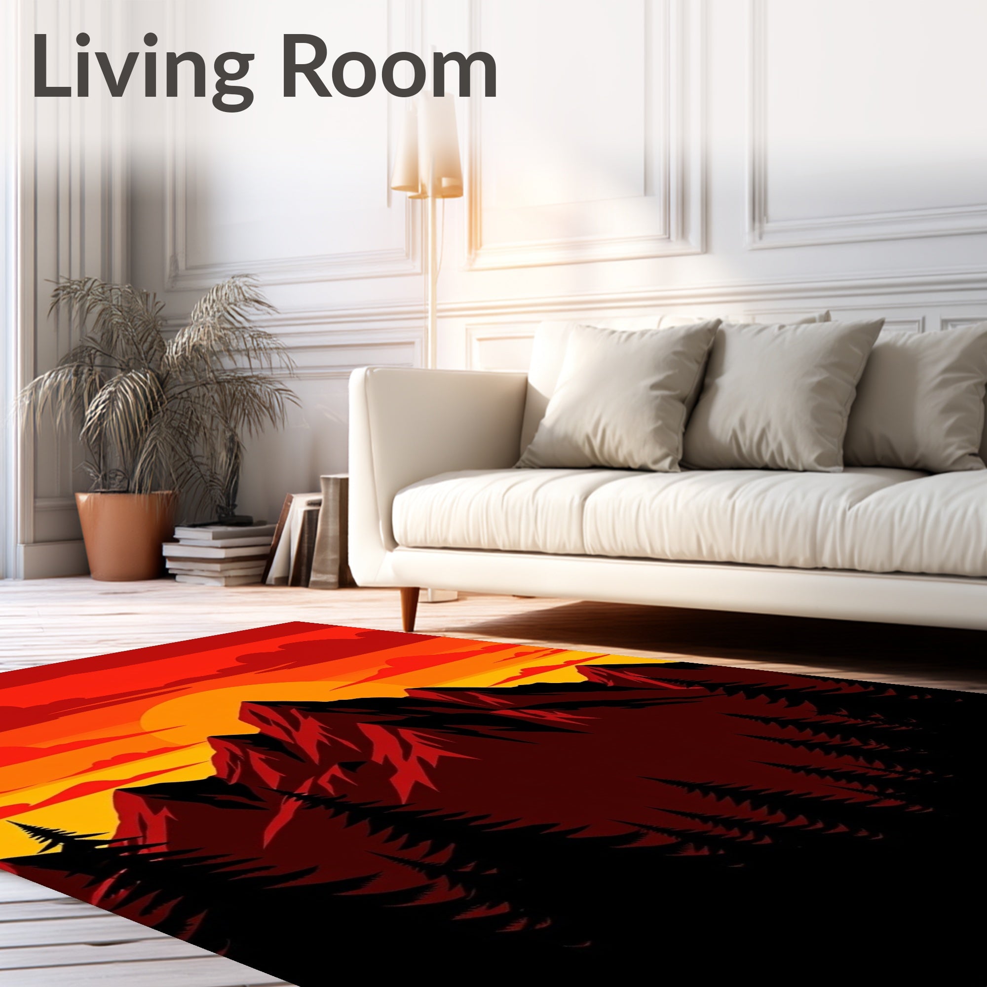 Crimson Sunset Mountain Forest Landscape Rug