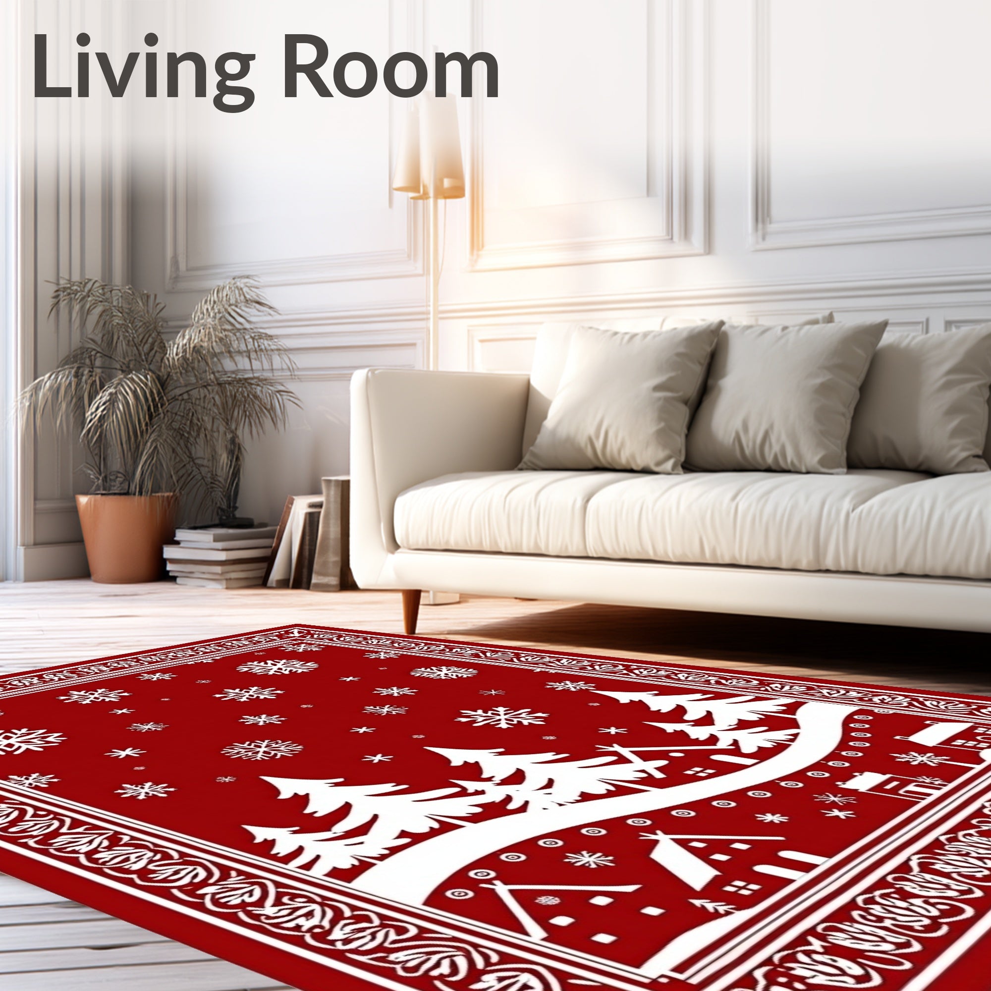 Red Winter Village Snowflake Landscape Rug