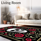 Gothic Skull Red Rose Floral Scroll Rug