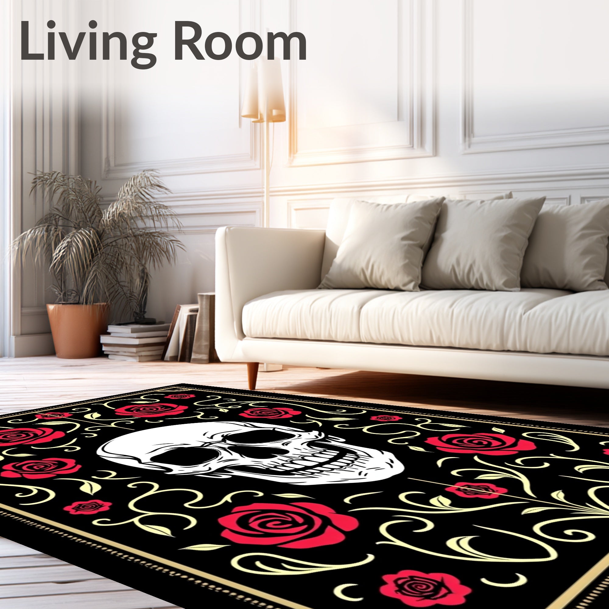 Gothic Skull Red Rose Floral Scroll Rug