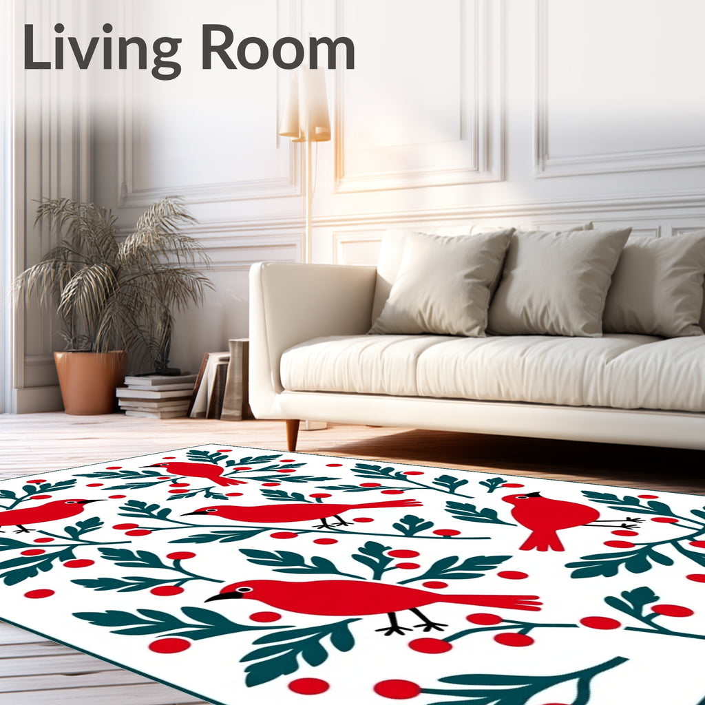 Red Birds Berry Branch Whimsical Folk Rug