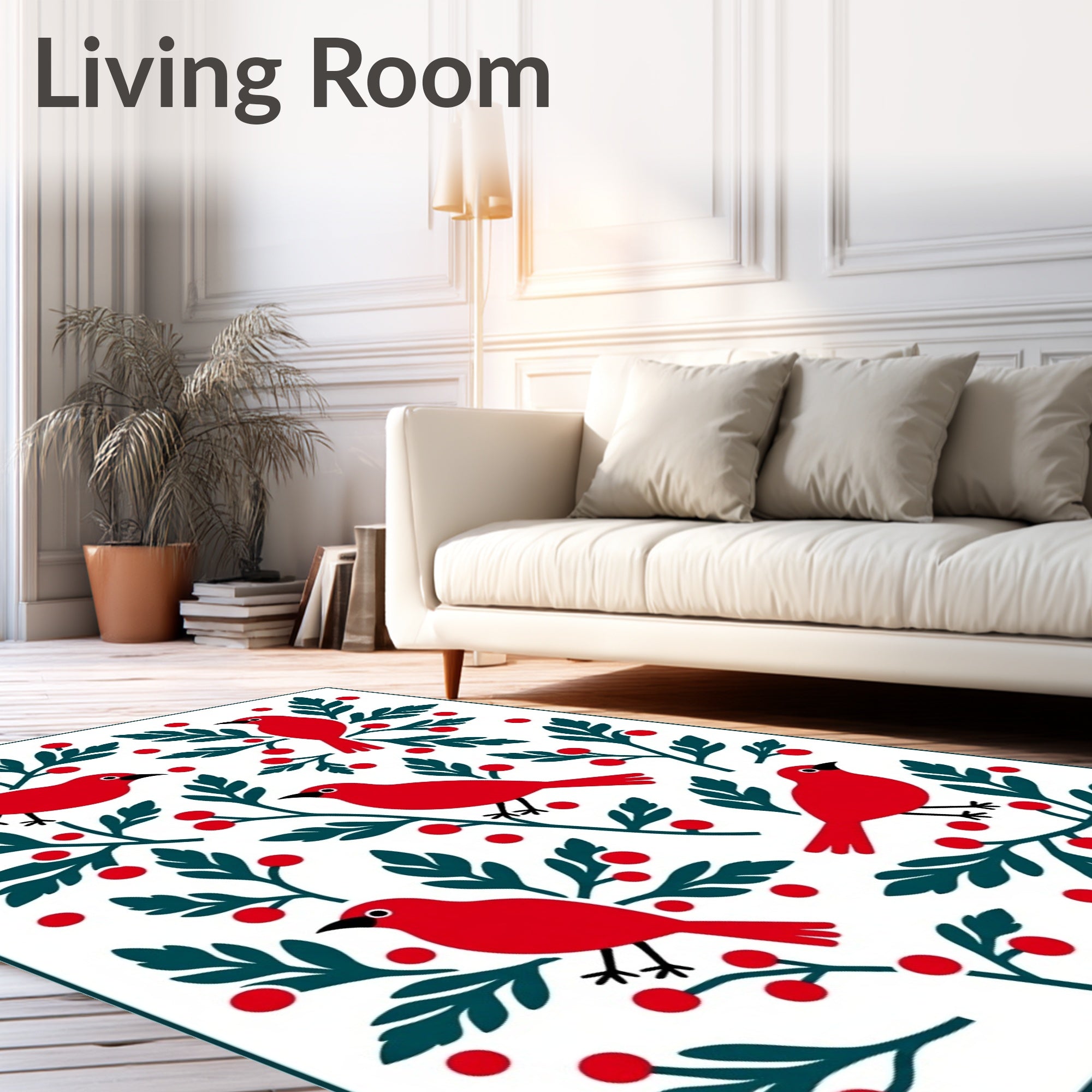 Red Birds Berry Branch Whimsical Folk Rug