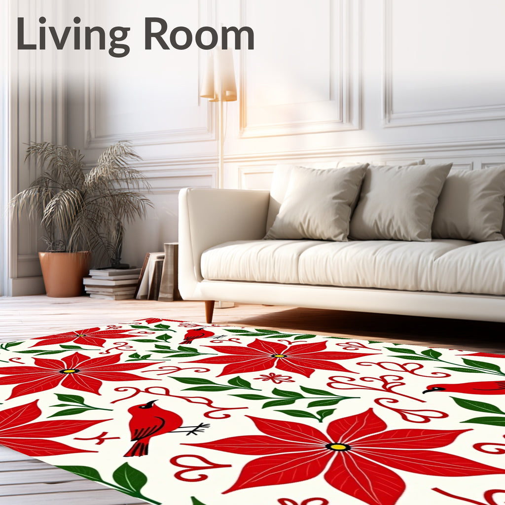 Red Poinsettia Birds Green Foliage Rug