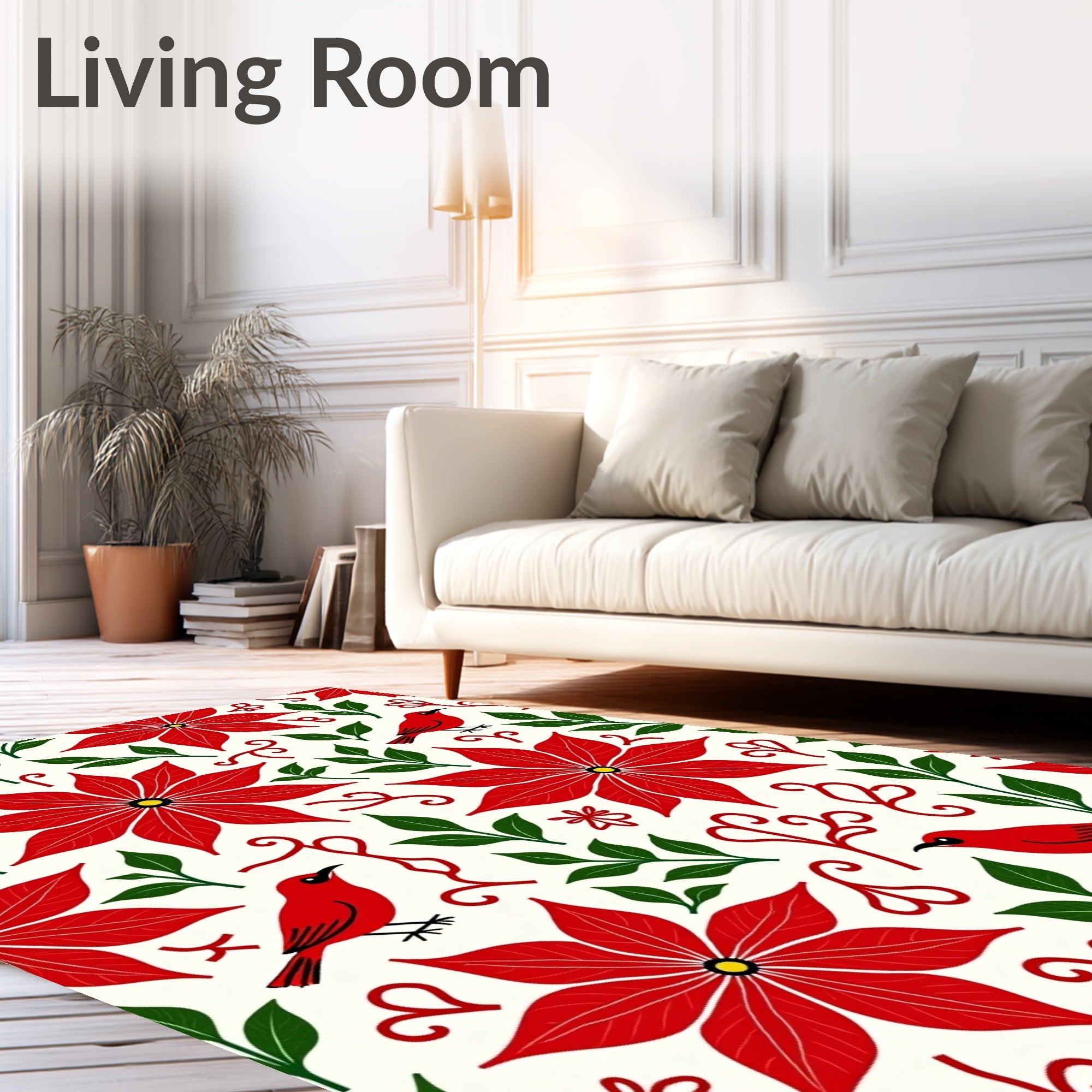 Red Poinsettia Birds Green Foliage Rug